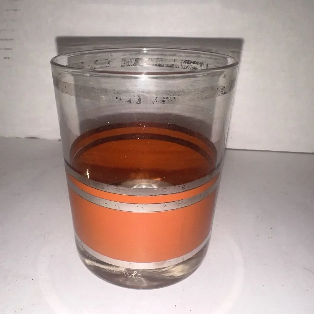 Set 4 Georges Briard Orange Silver Stripe Mid Century Rocks Glasses MCM Signed